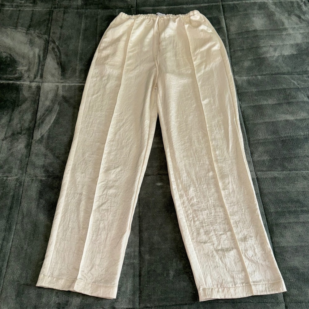 Madewell Ivory Satin Crinkle Straight Leg Pants XS Lounge Wear Minimalist